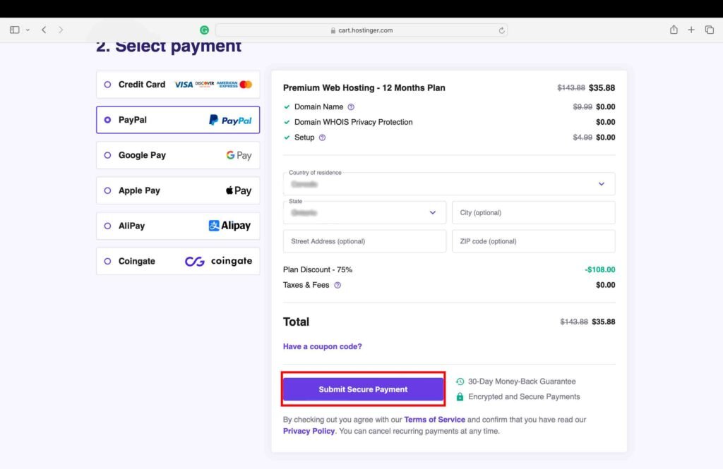 Hostinger screenshot showing how to select a payment method and submit secure payment.