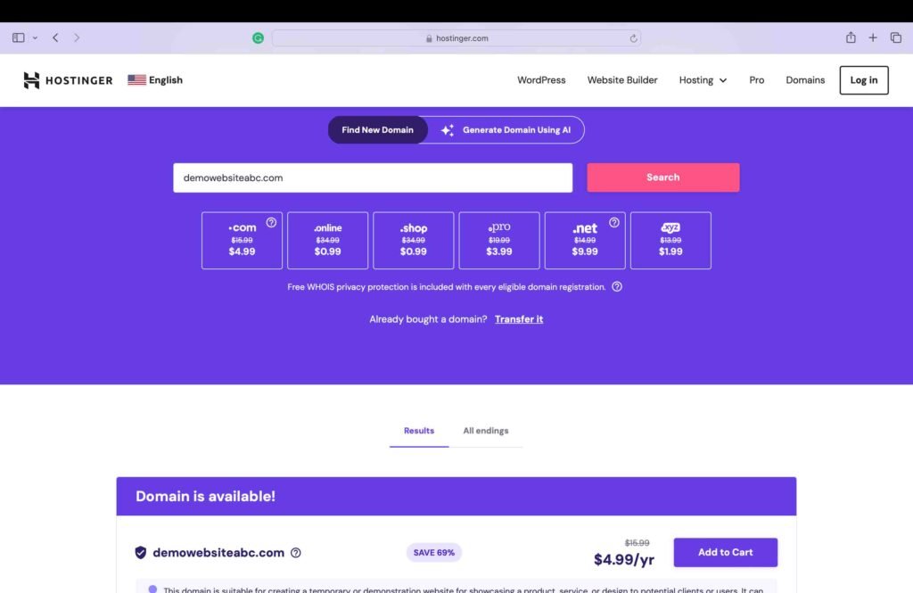 Hostinger screenshot showing how to search a domain name for availability.