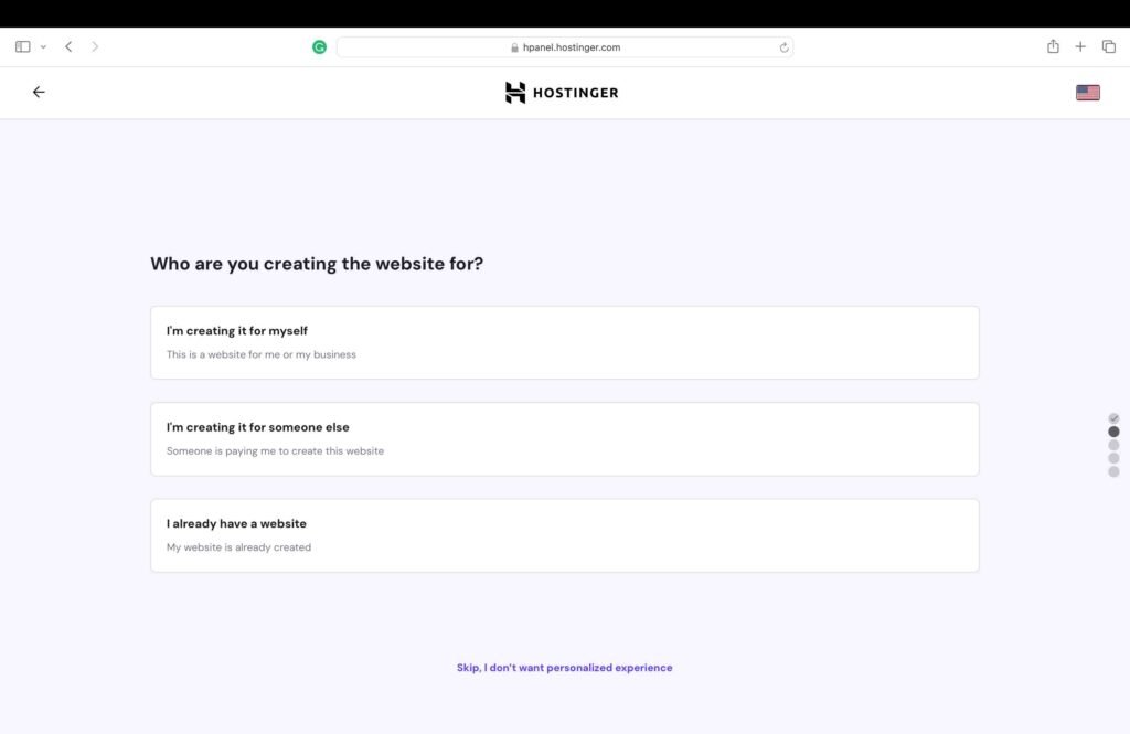 Hostinger Screenshot showing the website personalization questions.