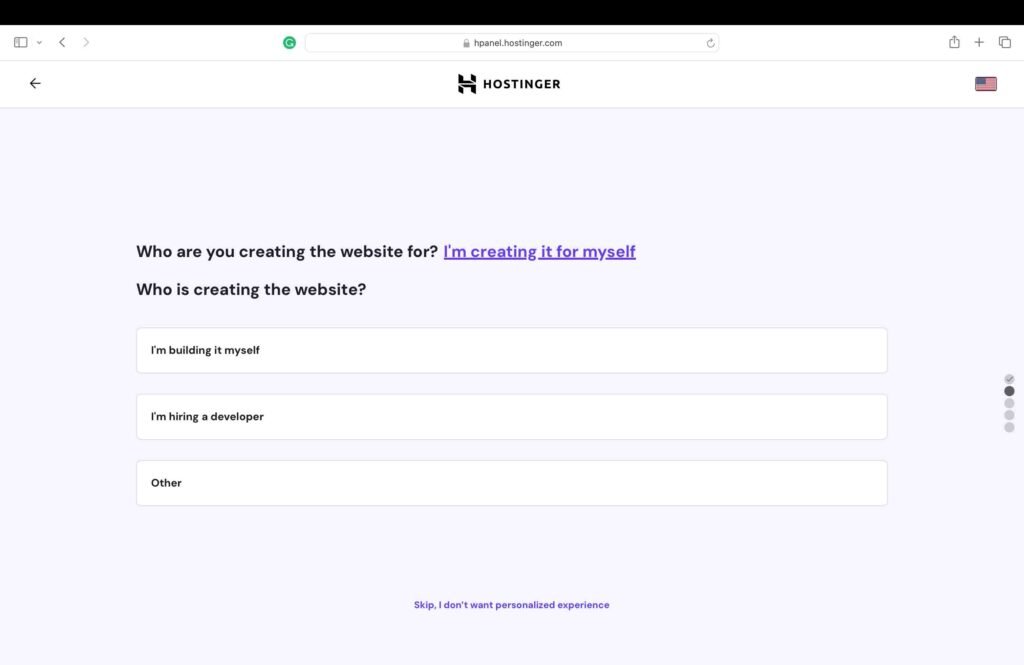 Hostinger Screenshot showing the website personalization questions.