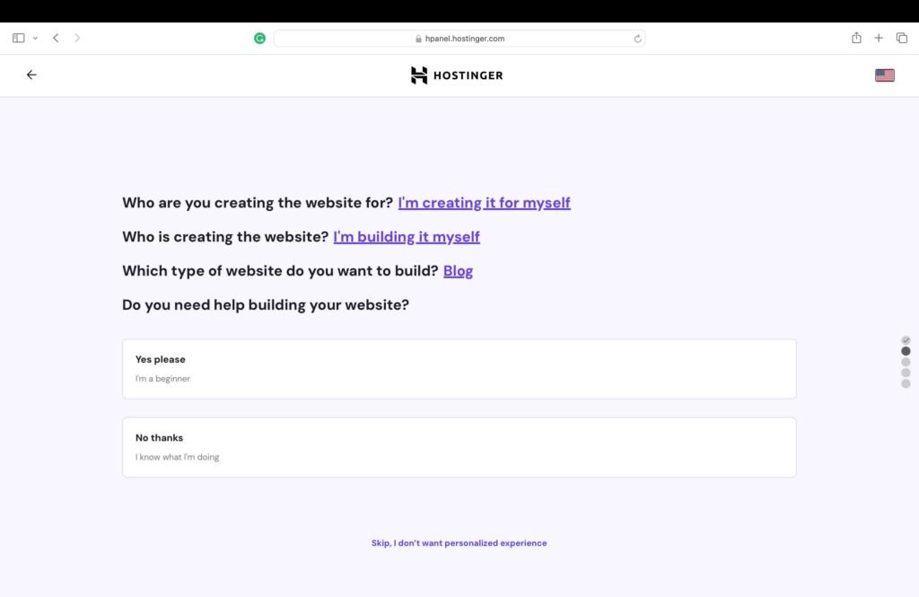 Hostinger Screenshot showing the website personalization questions.