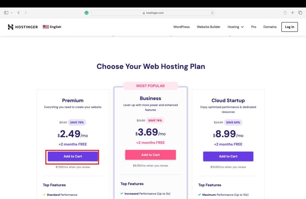 Hostinger screenshot showing how to purchase a website hosting plan.