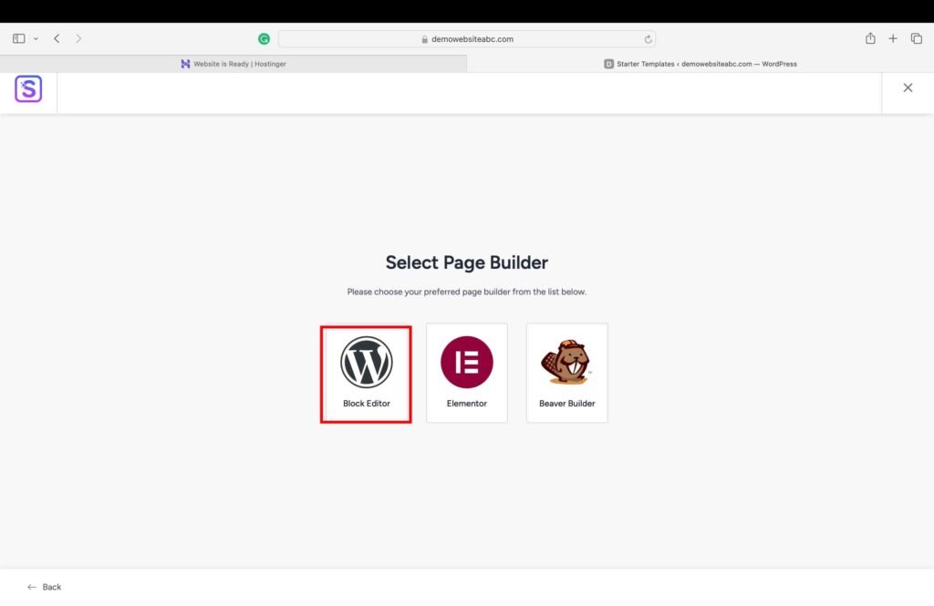 Hostinger screenshot showing how to select the right page builder for your WordPress website.