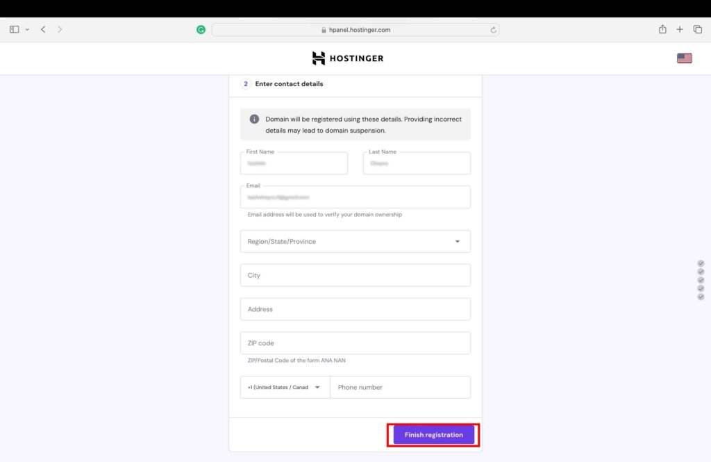 Hostinger screenshot showing how to fill the contact details for the domain registration.