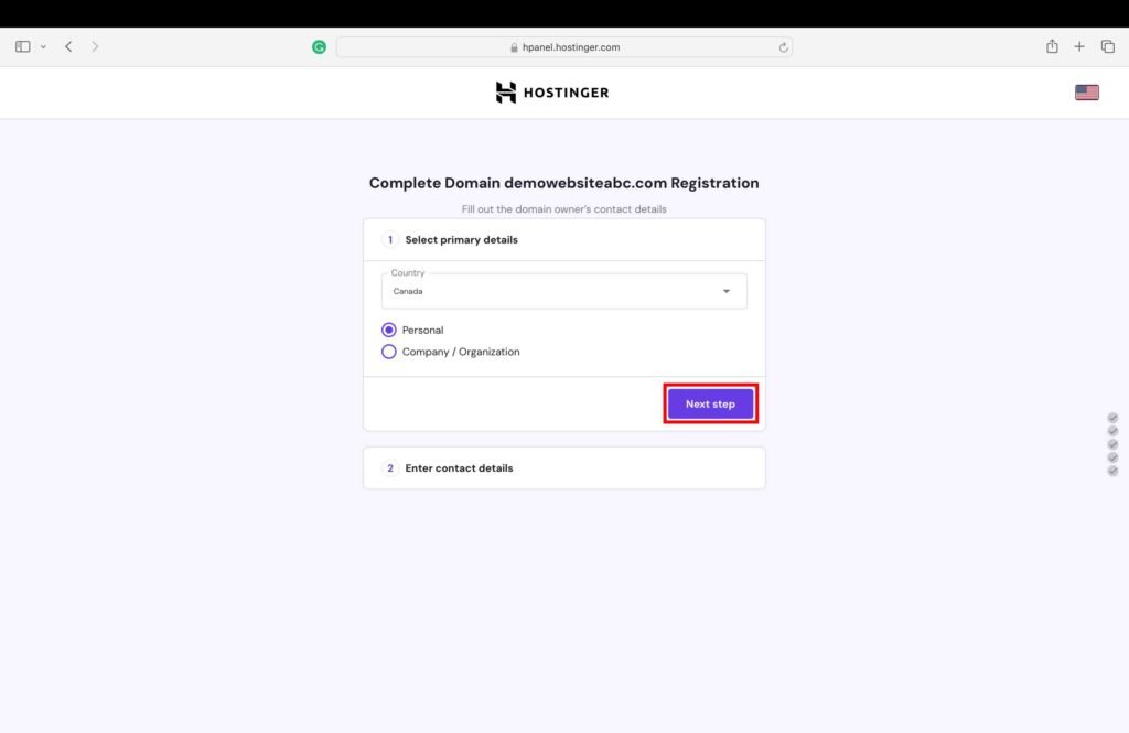 Hostinger screenshot showing how to fill the primary details.