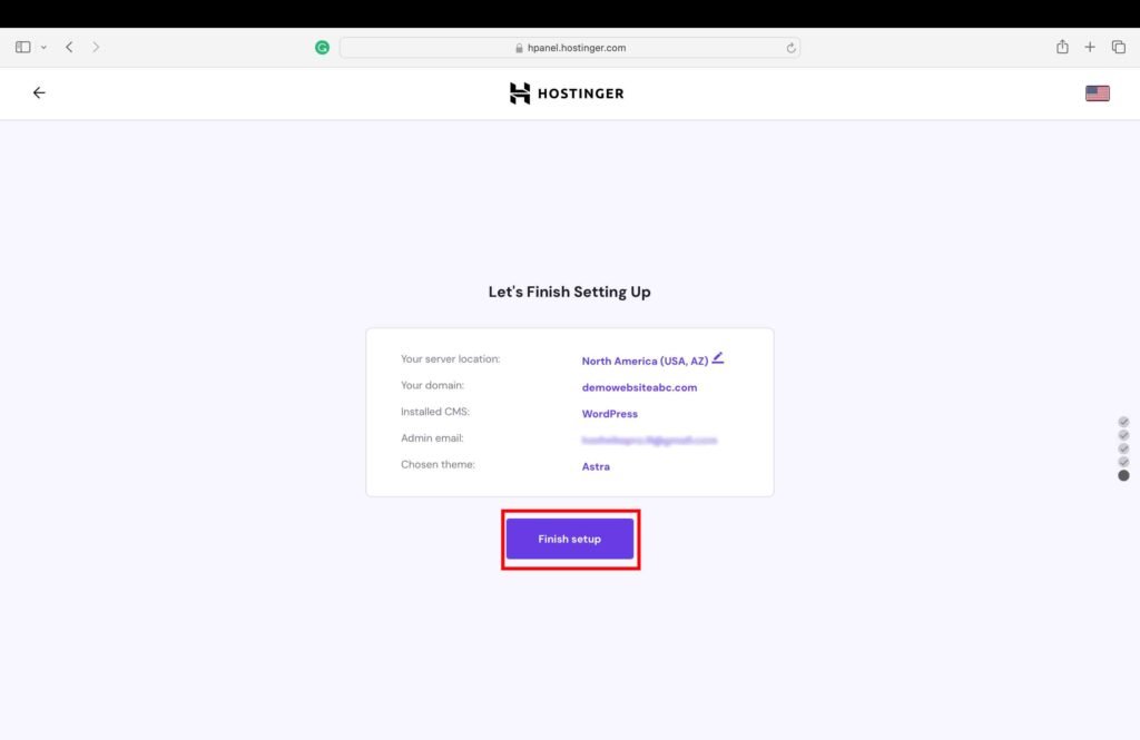 Hostinger screenshot showing how to finish the setup.