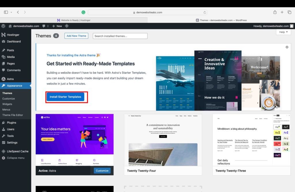 Hostinger screenshot showing how to install the starter templates.