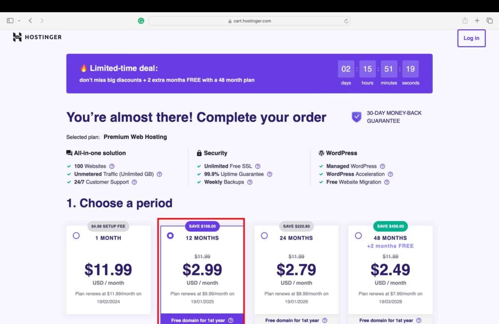 Hostinger screenshot showing different periods for a hosting plan.