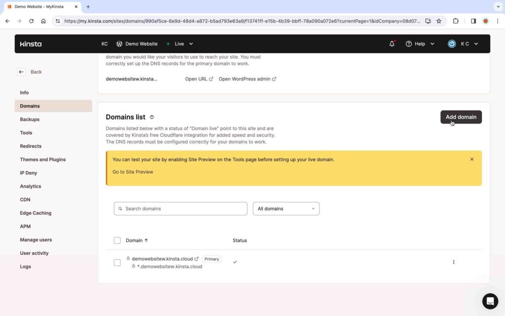 Kinsta Screenshot showing how to add a new domain.