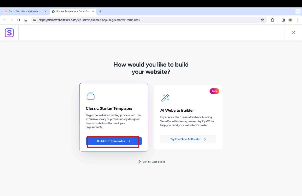 Kinsta screenshot showing how to build a WordPress website using the classic starter templates.