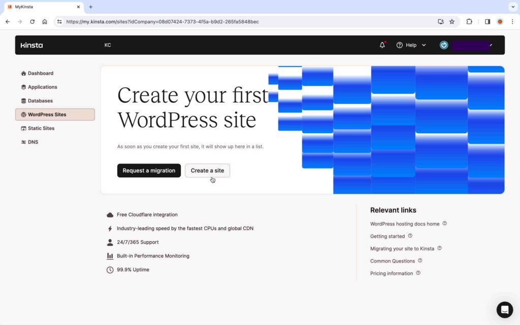 Kinsta Screenshot showing how to create a WordPress website.