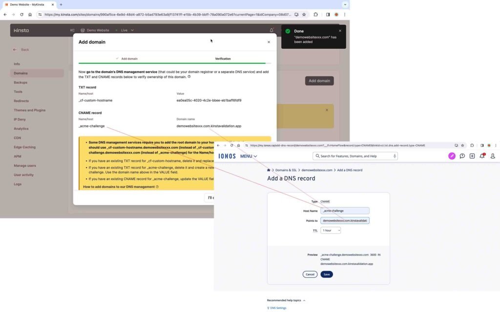 Kinsta Screenshot showing how to verify the CNAME DNS record.