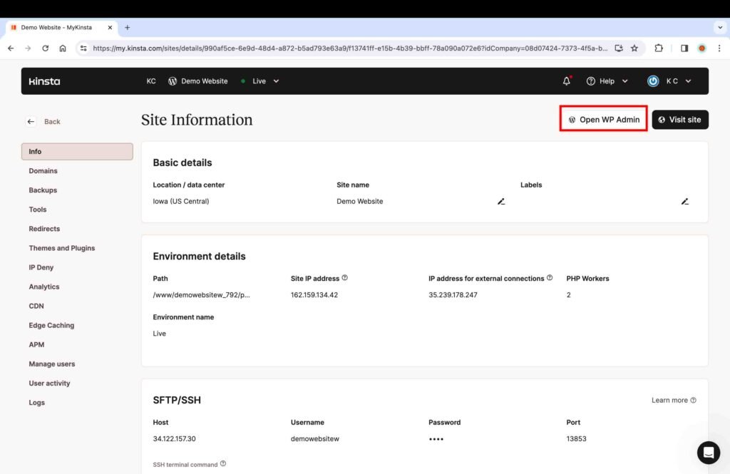 Kinsta Screenshot showing how to open the WP Admin dashboard.