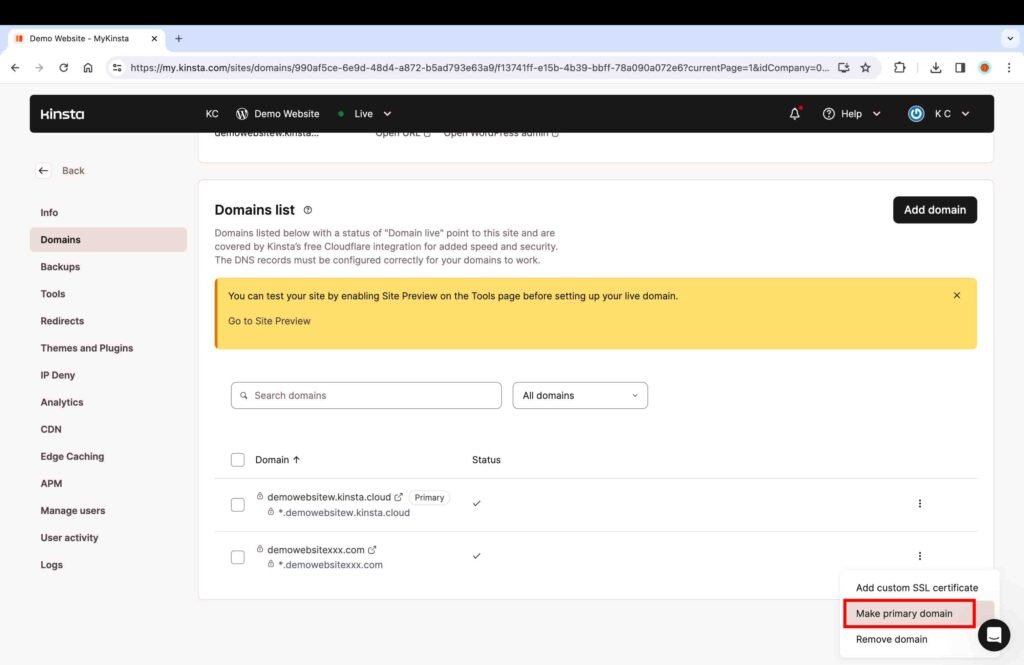 Kinsta Screenshot showing how to set the added domain as the primary domain.