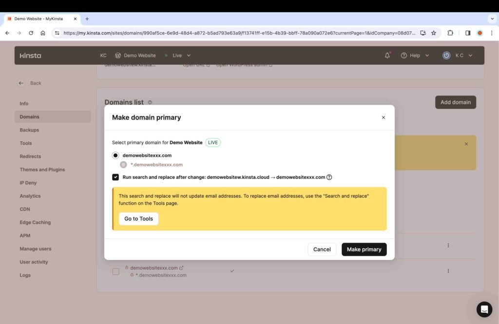 Kinsta Screenshot showing how to set your domain as the primary domain.