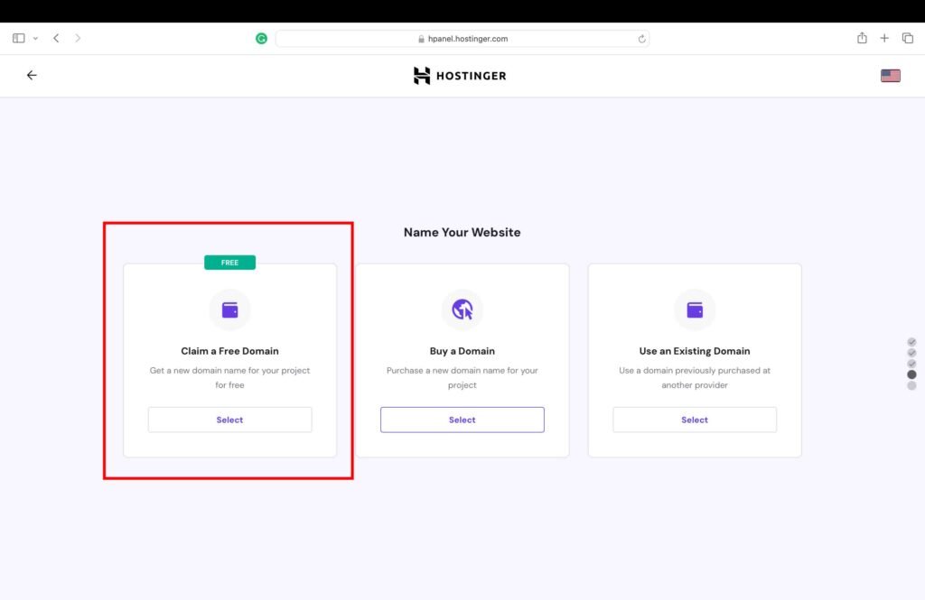 Hostinger screenshot showing how to claim a free domain name.