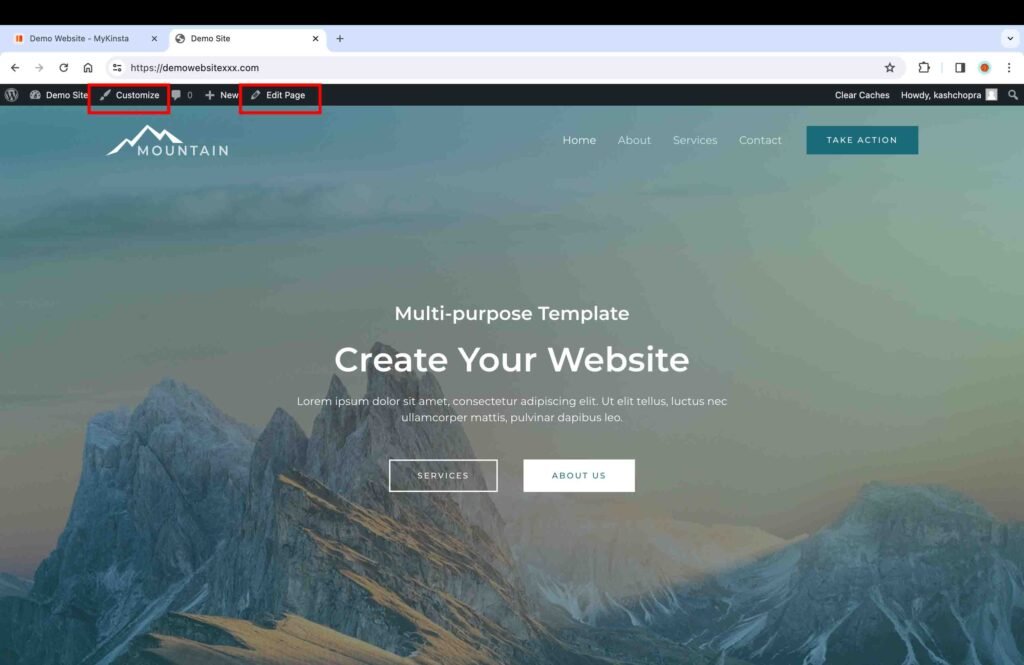 Kinsta screenshot showing how to customize and edit your WordPress website.