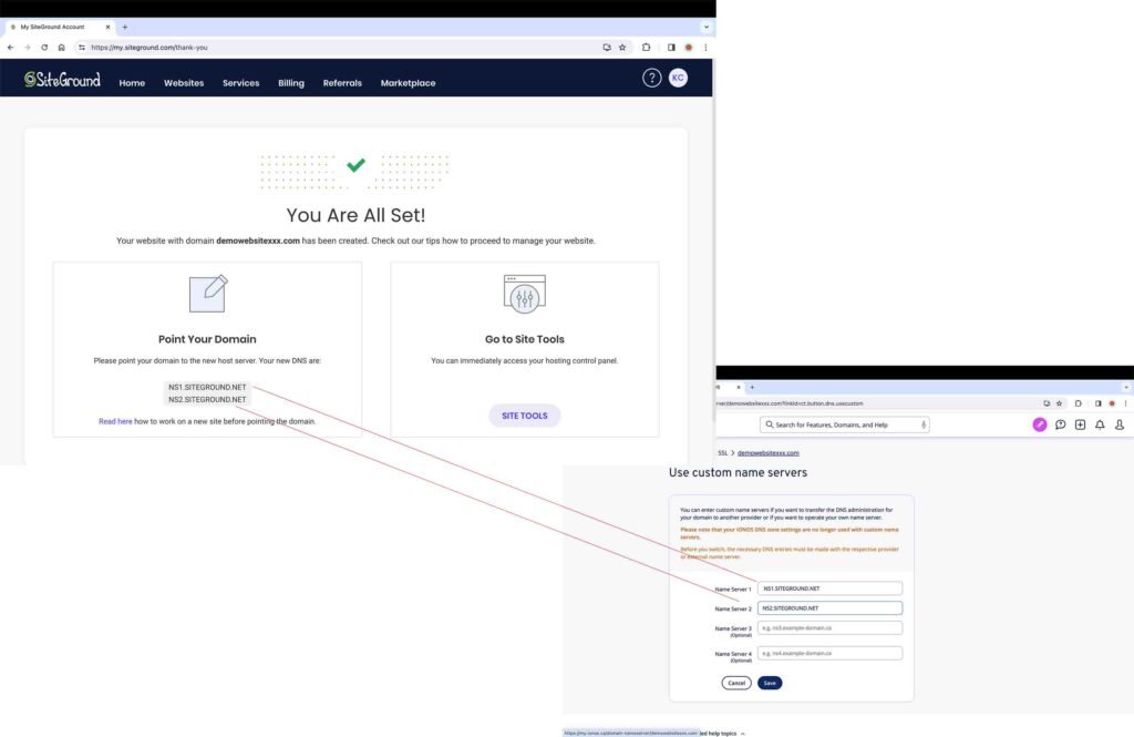 Screenshot showing how to enter the SiteGround name servers in the domain registrar records.