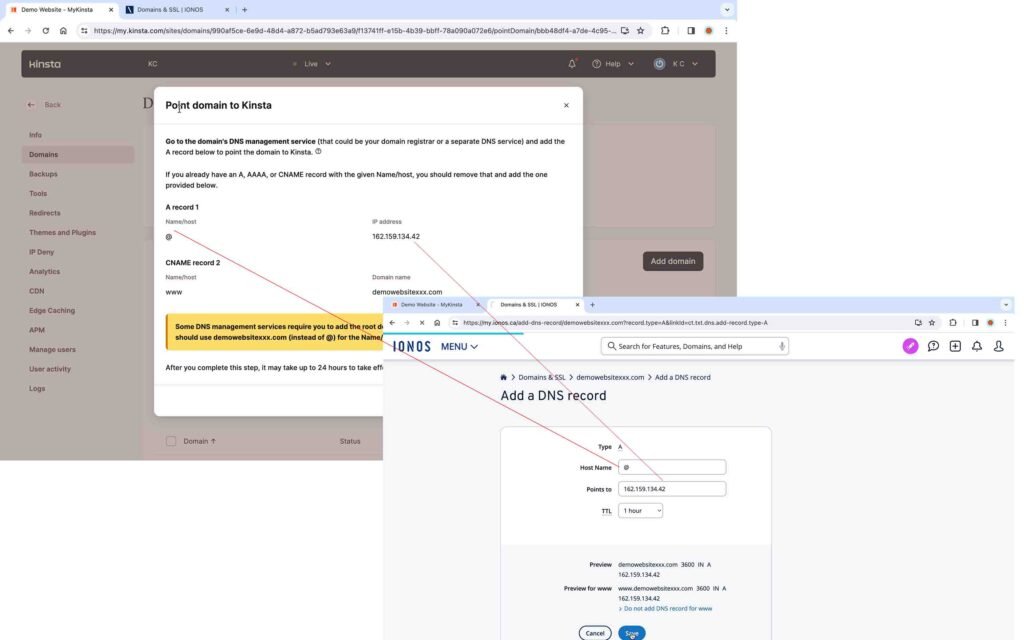 Kinsta screenshot showing how to point your domain name.