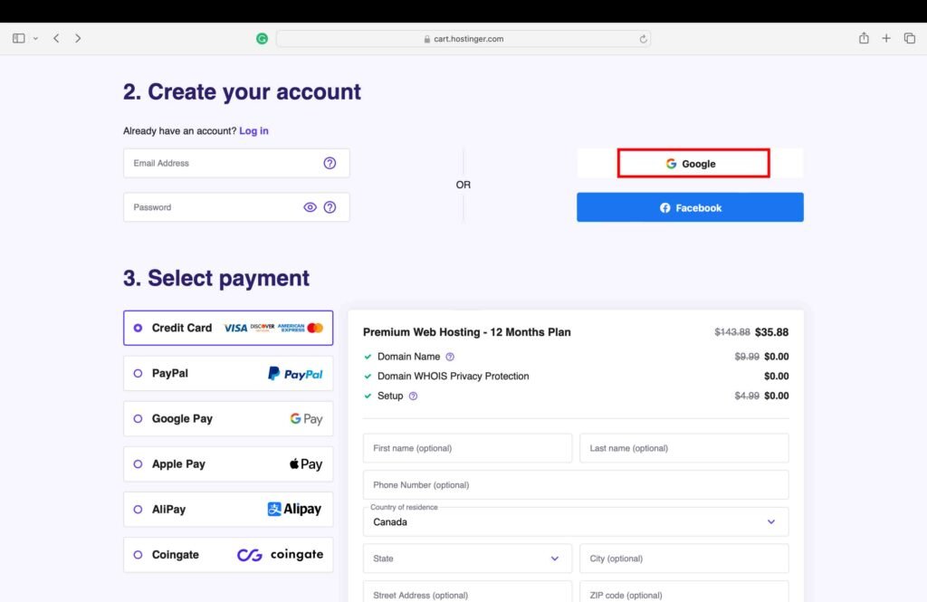 Hostinger Screenshot showing how to log in to make a purchase.