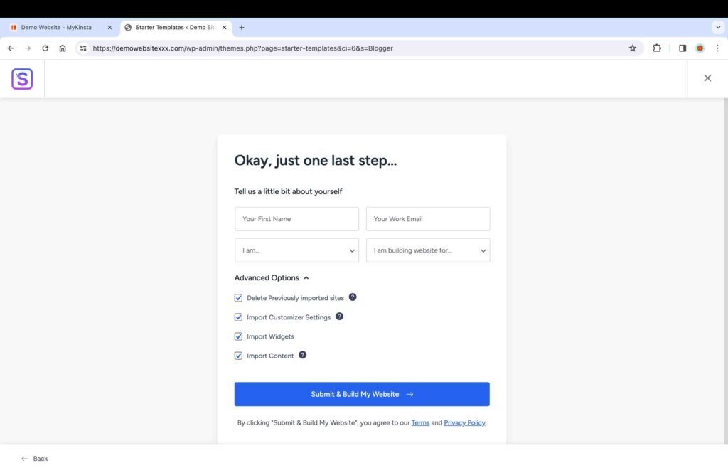 Kinsta screenshot showing how to submit and build your website.