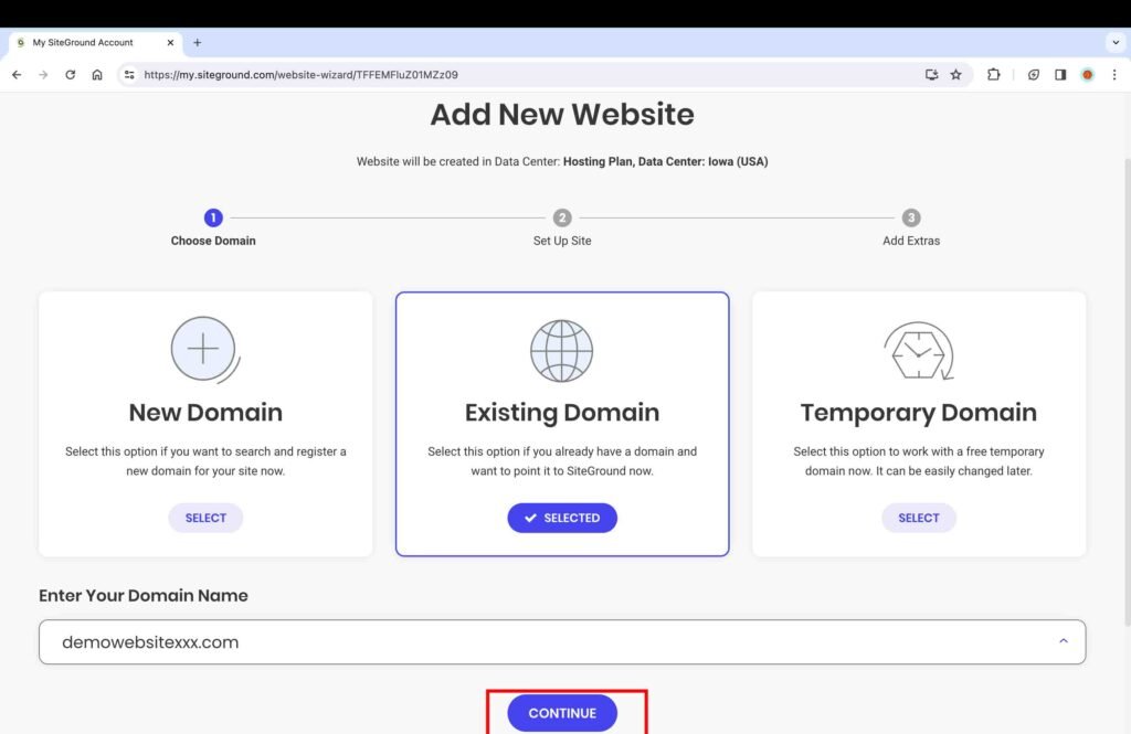 SiteGround screenshot showing how to add an existing domain.