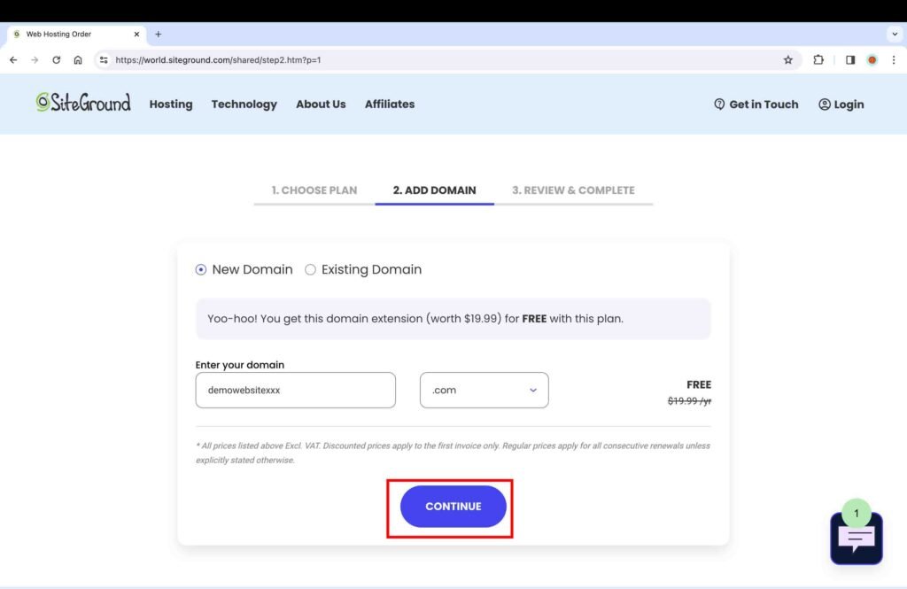 Siteground screenshot showing how to add a new domain name.