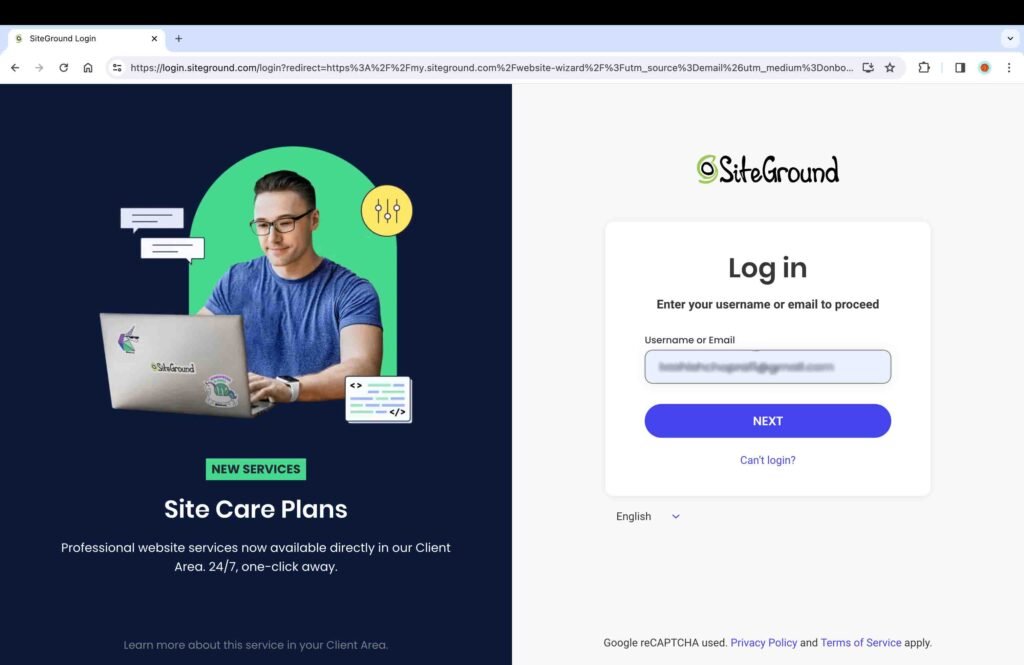 Screenshot showing the SiteGround login page.