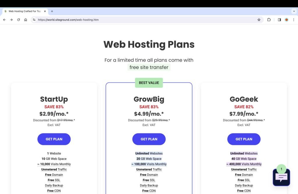 SiteGround screenshot sowing different web hosting plans.