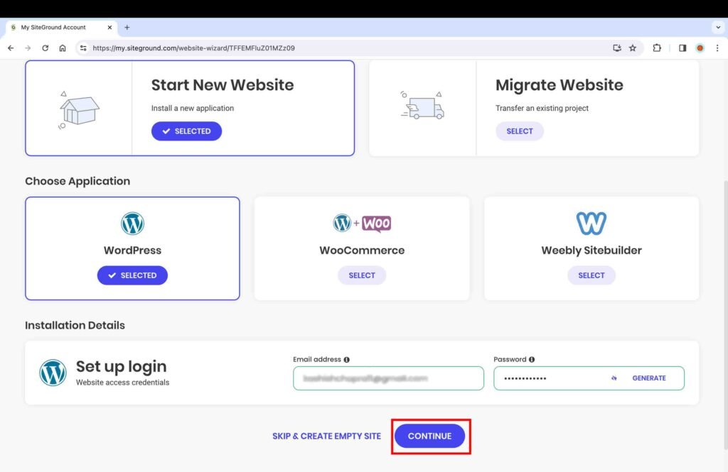 SiteGround screenshot showing how to install WordPress.