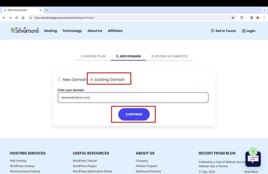 SiteGround screenshot showing how to add an existing domain while purchasing the plan.