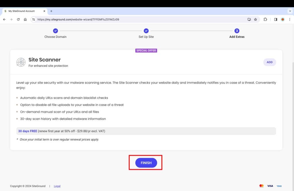 SiteGround screenshot showing how to finish the wordpress installation.