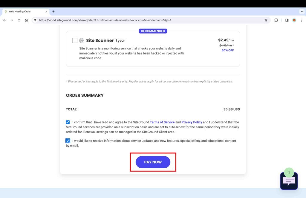 SiteGround screenshot showing how to pay for the chosen plan.