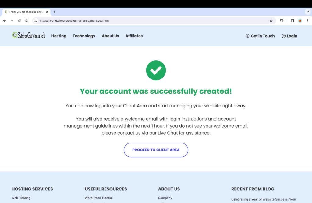 SiteGround screenshot showing the message that the SiteGround account has been created.