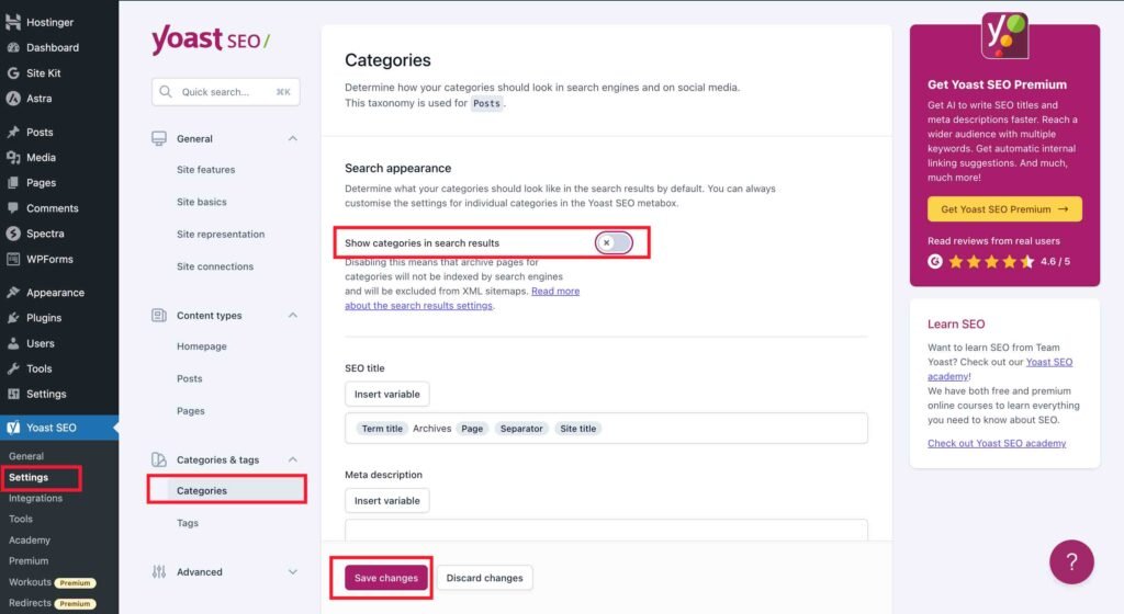 Yoast SEO showing how to disable categories in search results.