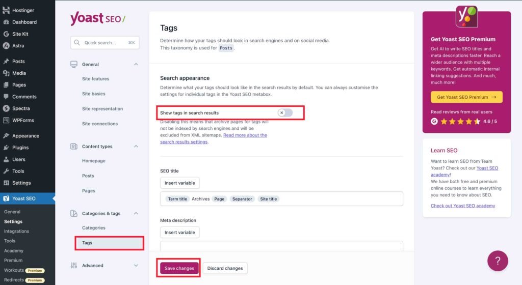 Yoast SEO screenshot showing how to disable tags in search results.