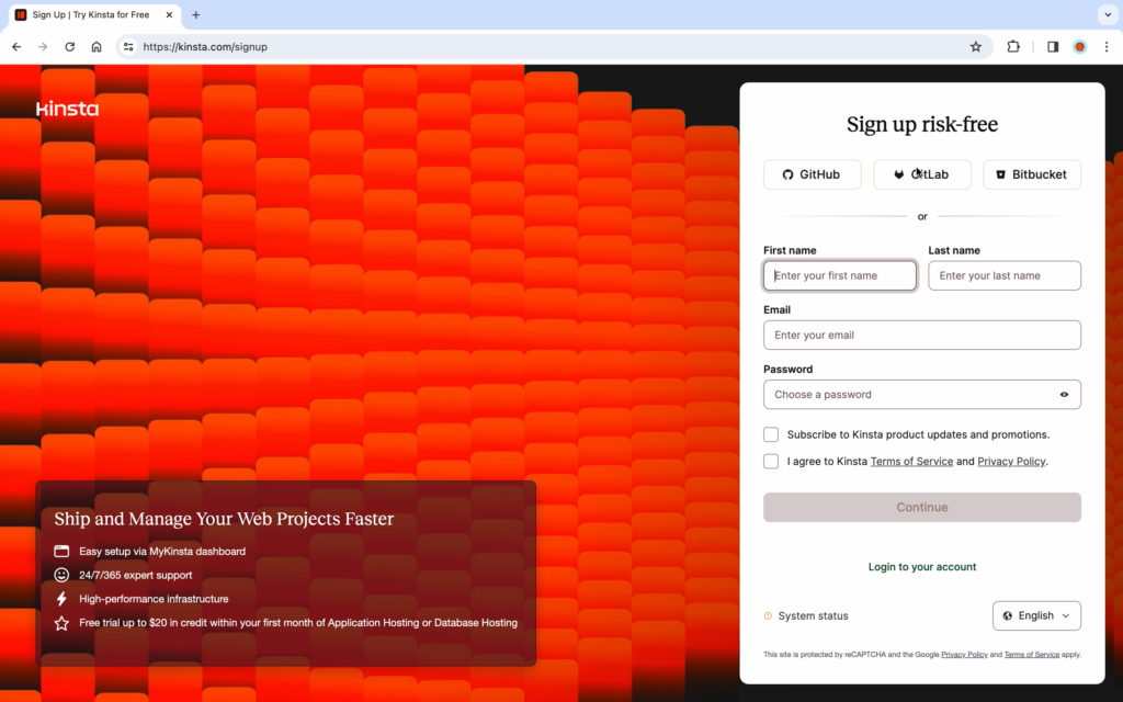 Kinsta Screenshot showing the sign up page.