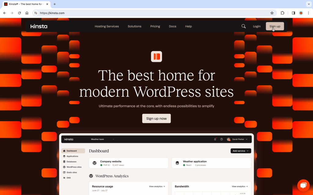 Kinsta Screenshot showing how to sign up.