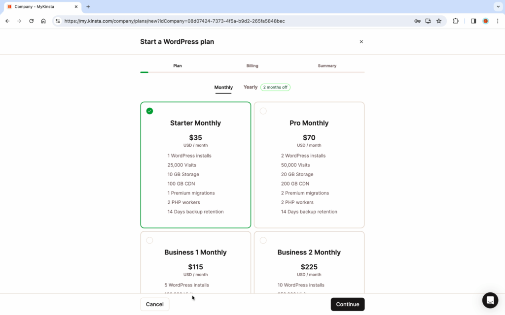 Kinsta Screenshot showing how to purchase a WordPress plan.