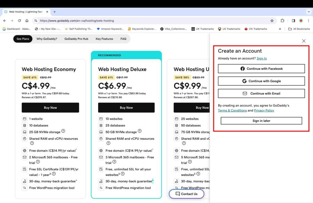 GoDaddy screenshot showing how to create an account in order to build a WordPress website.