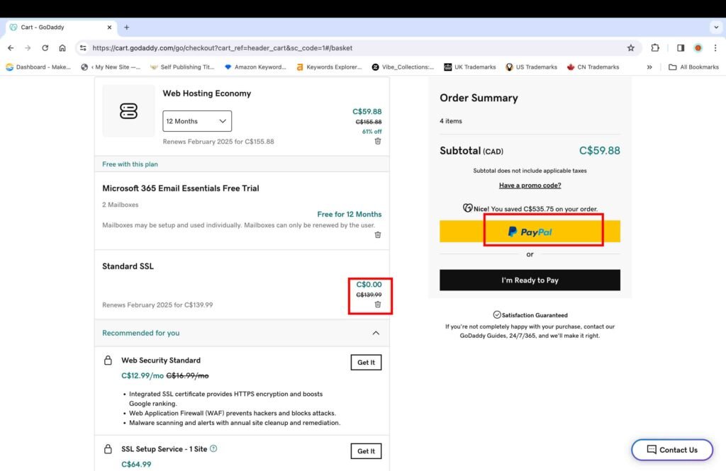 GoDaddy checkout screen showing how to pay for a web hosting plan in order to build WordPress website.