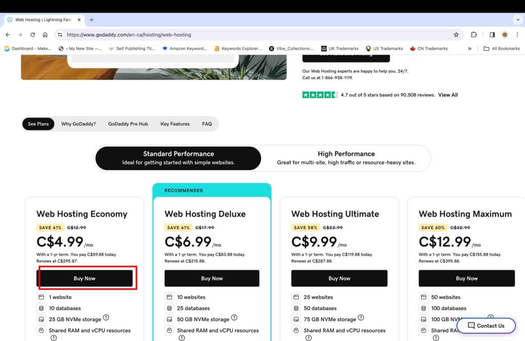 GoDaddy screenshot showing different web hosting plans to build a WordPress website.