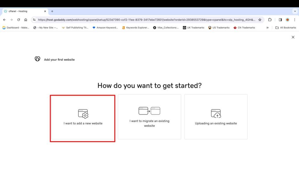 GoDaddy screenshot showing how to add a new WordPress website.