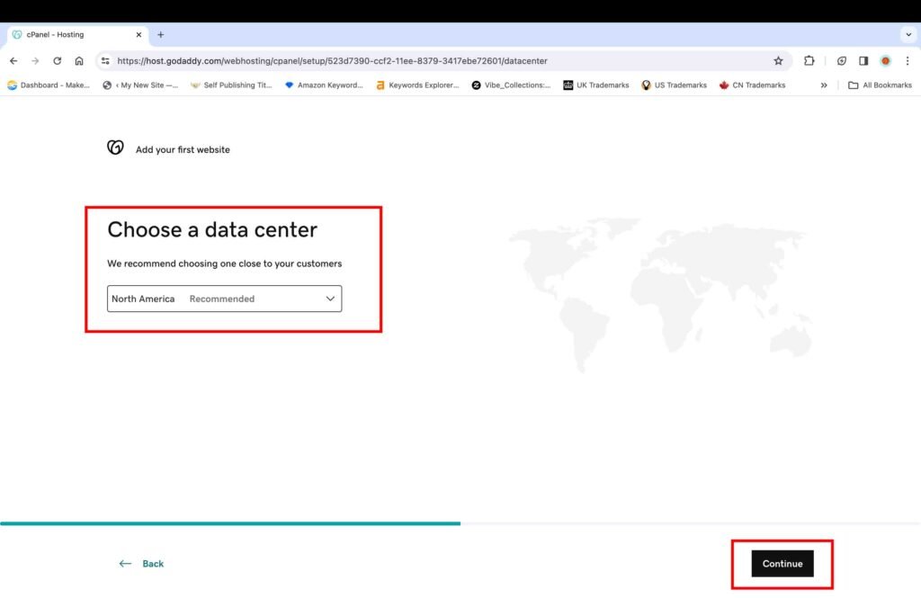 GoDaddy screenshot showing how to choose a data center.