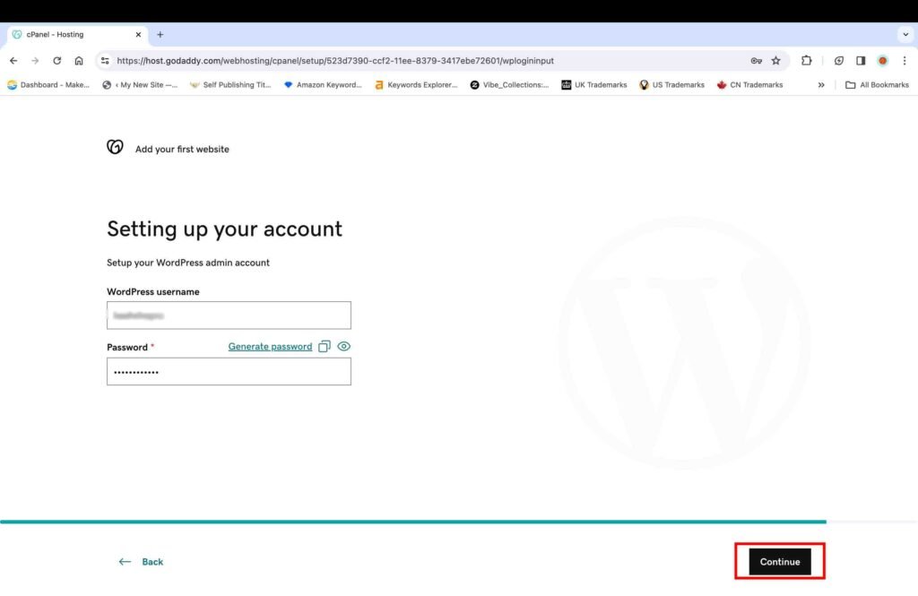 GoDaddy screenshot showing how to set the username and password for your WordPress website.