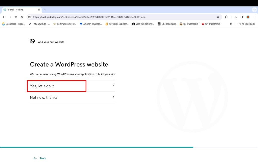 GoDaddy screenshot showing how to create a WordPress website.