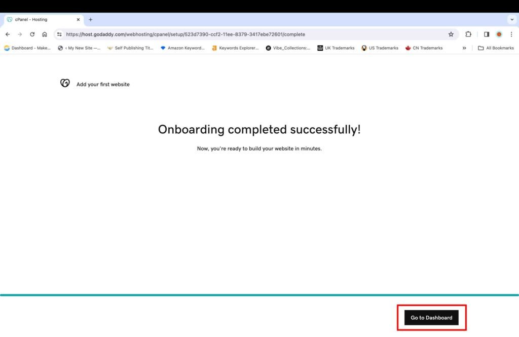 GoDaddy screenshot showing the onboarding successful message.