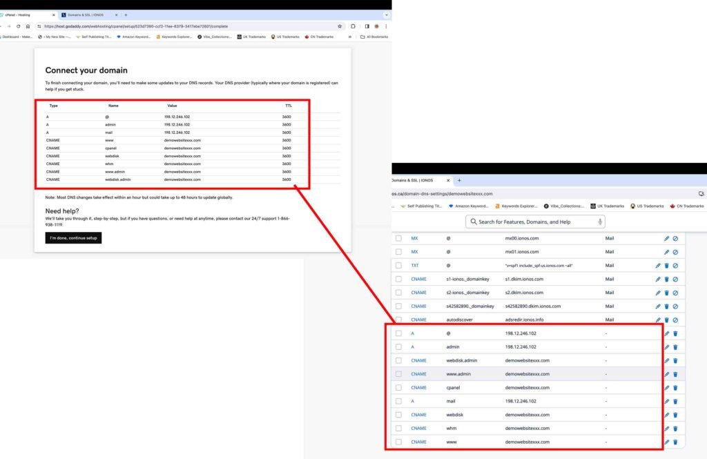 GoDaddy screenshot showing the DNS records being entered into the domain registrar's records.