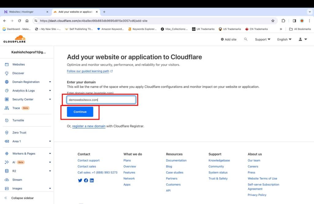 Cloudflare screenshot showing how to add your domain name for your WordPress website.