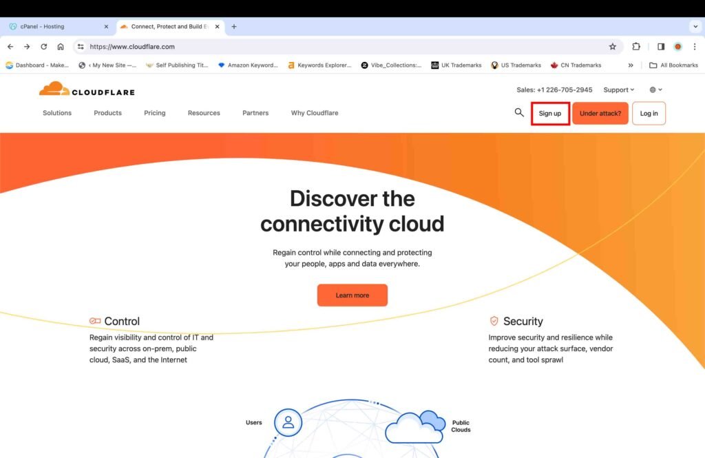 Screenshot showing how to sign up for Cloudflare.